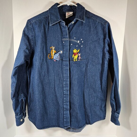 Disney Store Denim Shirt Winnie The Pooh Tigger Eeyore Piglet Embroidery Medium - Picture 2 of 9